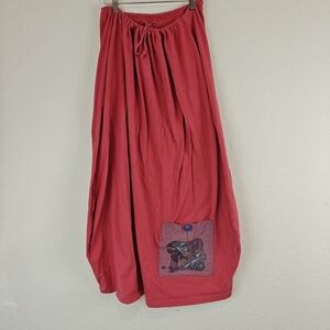 Blue Fish VTG Size 1 Drawstring Maxi Skirt Red Hand Printed Cotton Langenlook